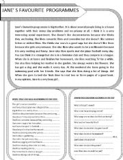 English Worksheet: reading comprehension. Janes favourite programmes.