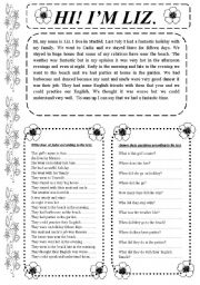 English Worksheet: READING COMPREHENSION. HI1 IM LIZ.