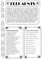 English Worksheet: Reading comprehension.Elephants.