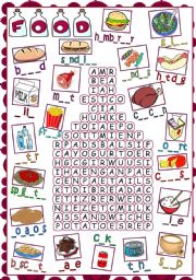 English Worksheet: Food - WORDSEARCH *B&W included*