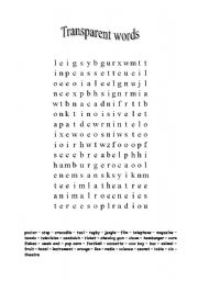 English worksheet: transparent words (word search)