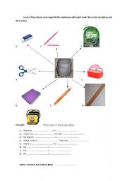 English worksheet: colours in a schoolbag