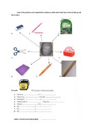 English Worksheet: colours in a schoolbag