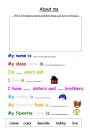 English Worksheet: About me worksheet