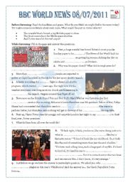 English Worksheet: BBC World News For Schools 08/07/2011