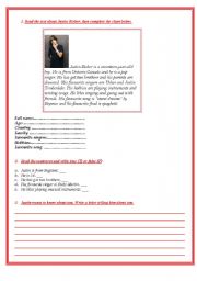 English Worksheet: Read about Justin Bieber