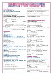 English Worksheet: Elementary Verb Tenses Review  Present Simple and Continuous  Past Simple (reg., irreg., special spelling)  will and going to future  To be (present, past, future)  there be (present and past)  Teachers handout + keys  6 pages  editable