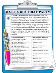 English Worksheet: Reading comprehension. Matts brithday party.