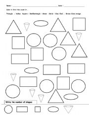 English Worksheet: Color, Count & Learn Shapes