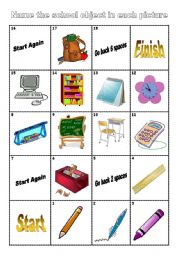 English Worksheet: School Objects Boardgame