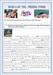 English Worksheet: TAKING A GAP YEAR - PERSONAL STORIES 