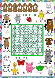 English Worksheet: Animals - WORDSEARCH (B&W included)