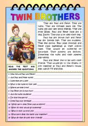 English Worksheet: TWIN BROTHERS (READING AND COMPREHENSION)