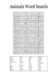 English Worksheet: animals word search