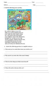 English Worksheet: poem comprehension