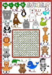 English Worksheet: Wild animals - WORDSEARCH (B&W included)