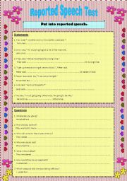 English Worksheet: Reported Speech: statements, questions and commands. 