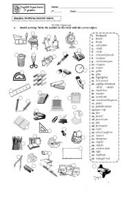 English Worksheet: Classroom Objects