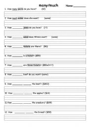 English Worksheet: many&much