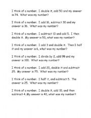English worksheet: I think of a number - inverse