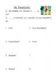 English worksheet: on vacation, how important is ___ to you?  extremely, very, somewhat, not very