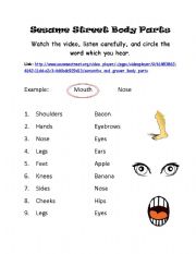 English Worksheet: Sesame Street Body Parts Listening Activity