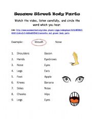 English worksheet: Sesame Street Body Parts Listening Activity