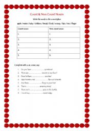 English worksheet: Count and Non count nouns