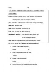 English Worksheet: Verb Synonyms for Facial lExpression