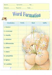 English Worksheet: word formation [prefix,root,suffix]