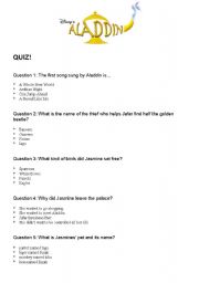 English Worksheet: Aladdin Quiz