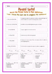 English Worksheet: > Phrasal Verbs Practice 33! > --*-- Definitions + Exercise --*-- BW Included --*-- Fully Editable With Key!