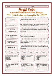 English Worksheet: > Phrasal Verbs Practice 34! > --*-- Definitions + Exercise --*-- BW Included --*-- Fully Editable With Key!