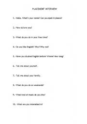 English worksheet: Placement Interview