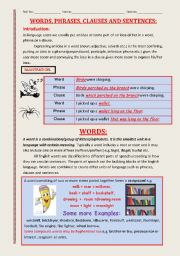 English Worksheet: words (parts of speech), phrases, clauses and sentence