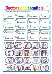 English Worksheet: Doctors and hospitals (Matching exercise)