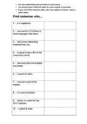 English Worksheet: FindSomeoneWho Warmer