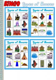 English Worksheet: Types of Houses Part 4 # BINGO Game # 10 cards # Instructions # Fully editable