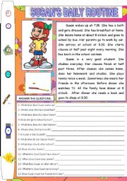 English Worksheet: SUSANS DAILY ROUTINE (READING AND COMPREHENSION)