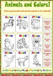 English Worksheet: animals and colors