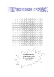 English worksheet: Prepositions of place wordsearch