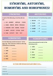 English Worksheet: SYNONYMS, ANTONYMS, HOMONYMS and HOMOPHONES