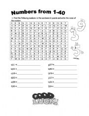 English Worksheet: numbers 1-40