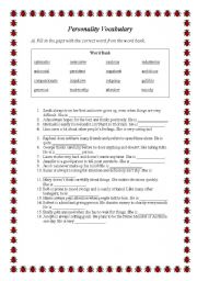 Personality Vocabulary worksheet