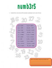 English worksheet: Numbers and color