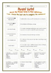 English Worksheet: > Phrasal Verbs Practice 37! > --*-- Definitions + Exercise --*-- BW Included --*-- Fully Editable With Key!