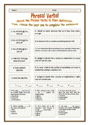 English Worksheet: > Phrasal Verbs Practice 36! > --*-- Definitions + Exercise --*-- BW Included --*-- Fully Editable With Key!