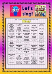 English Worksheet: > Glee Series: Season 2! > Songs For Class! S02E19 *.* Three Songs *.* Fully Editable With Key! *.* Part 1/2