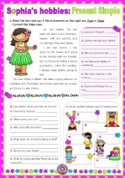 English Worksheet: Sophias hobbies  -  Reading + Writing