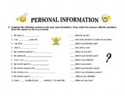 English Worksheet: PERSONAL INFORMATION